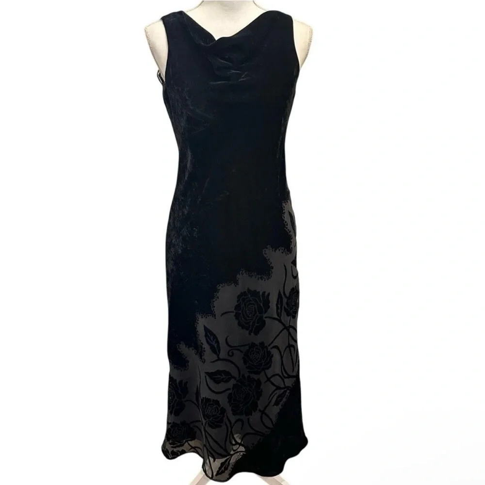 Vintage Evan Picone Black Velvet Cowl Neck Floral Midi Dress - Picture 2 of 7